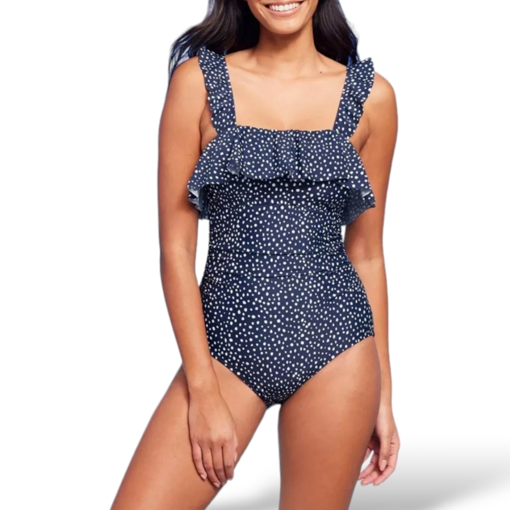 Kona Sol Ruffle 1 Piece Swimsuit Blue with White Dots size XL